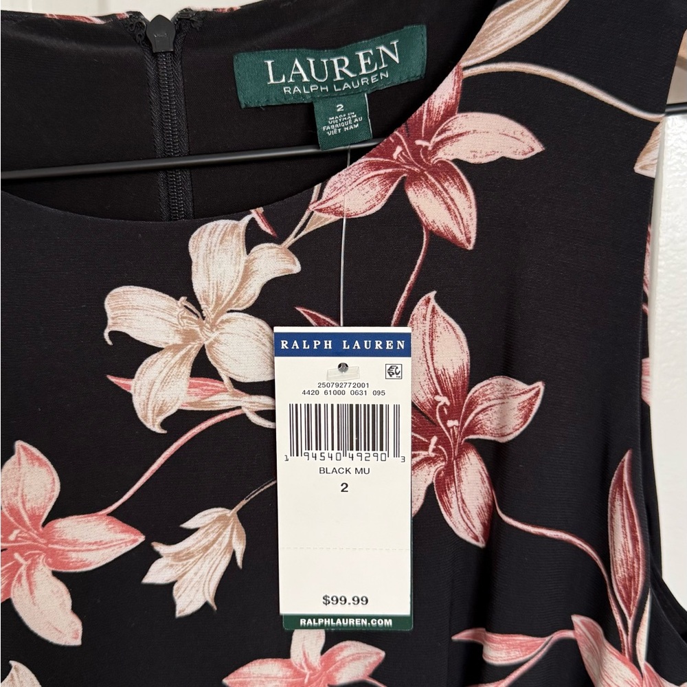Ralph Lauren Black Dress with Pink and Cream Floral Pattern- NWT